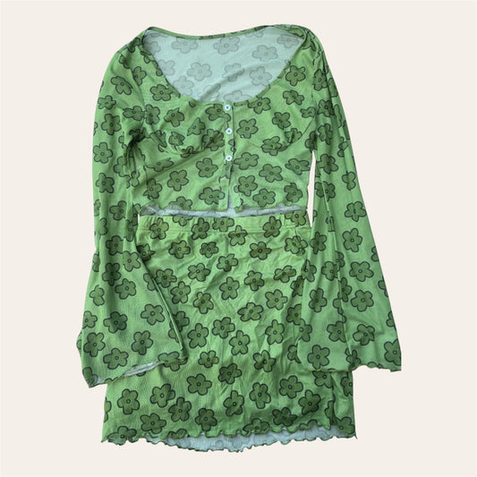 Shein Green Floral Co-Ord Set (Top & Skirt) Size Small
