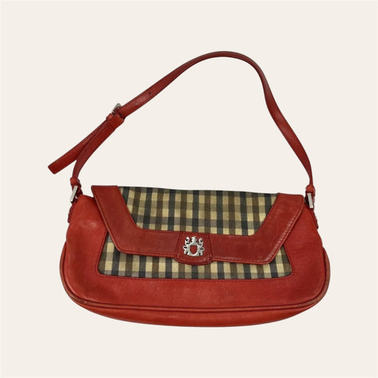 Vintage Aquascutum London Shoulder Bag Red Leather & Nova Check