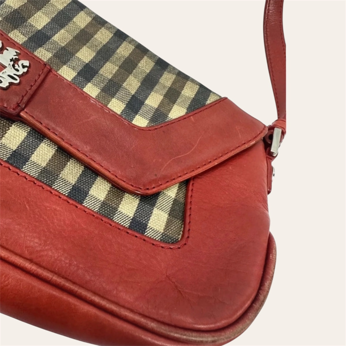 Vintage Aquascutum London Shoulder Bag Red Leather & Nova Check