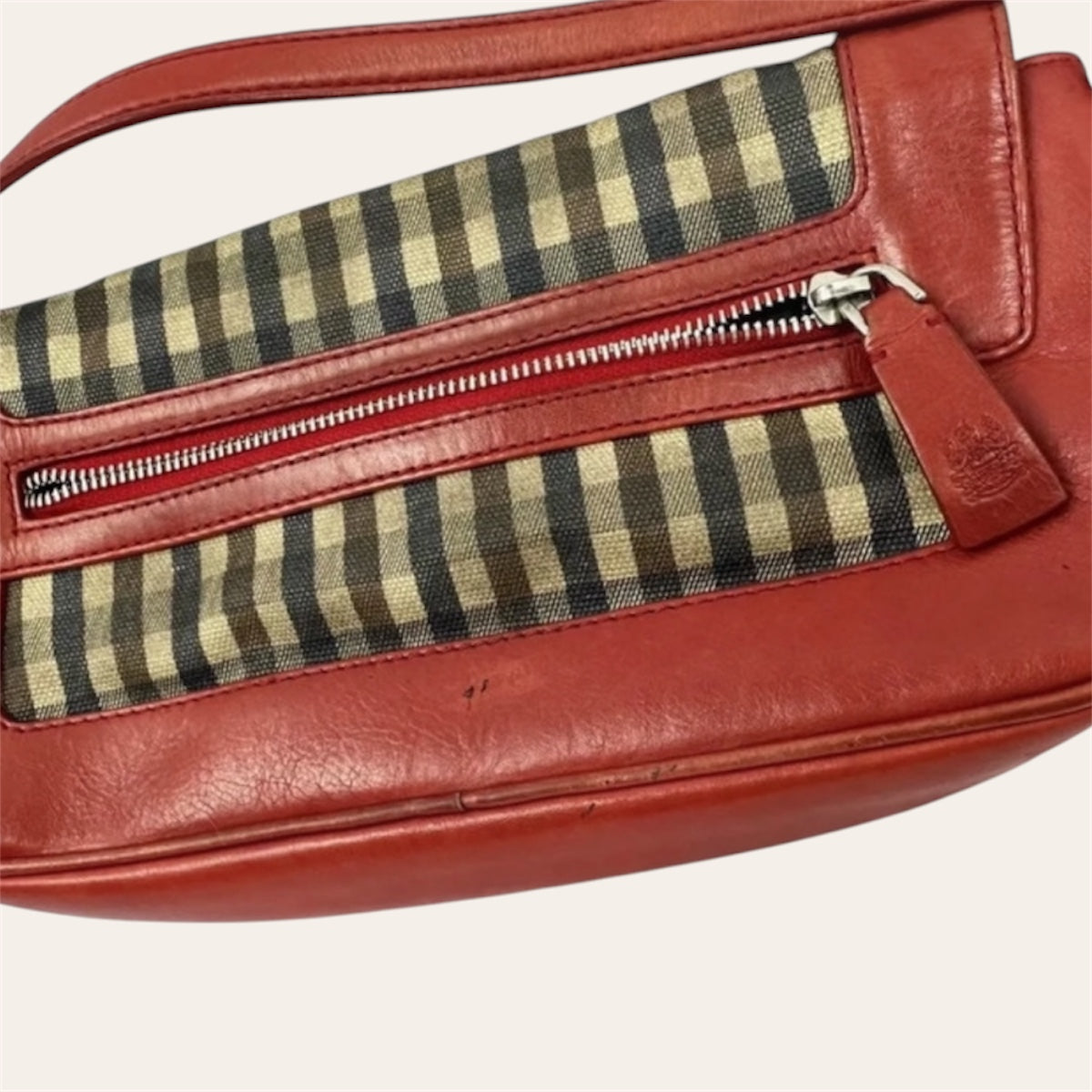 Vintage Aquascutum London Shoulder Bag Red Leather & Nova Check